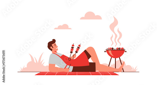 Man Relaxing While Grilling Food Outdoors At A Barbecue Party Illustration