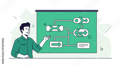 Presenter Illustrating Data Flow Chart, Offering Insightful Explanation and Clear Direction