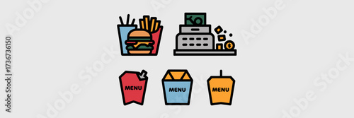 Franchise branding vector icons with combo meal, register, ketchup, mustard, and menu