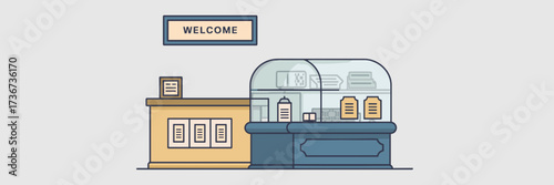 Store counter and display case icon sheet with welcome sign and order slips