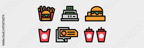 Franchise branding elements icon sheet with combo meal, cash register, ketchup, and menu