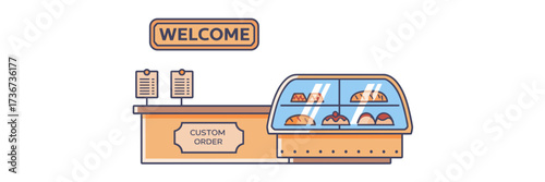 Store counter with display case and custom order slips vector illustration