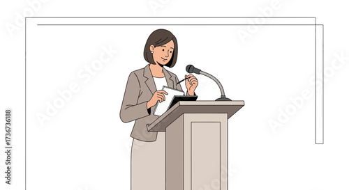 Presenter Prepares Speech At A Podium With Microphone In Clear Minimalist Style