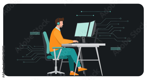 Professional customer service representative using a computer with a headset on a black background