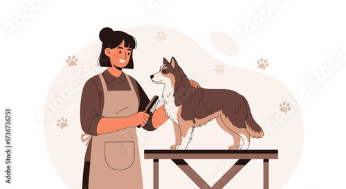 Professional Groomer Brushing Dog's Fur, Smiling, Paw Prints, Grooming, Pets, Domestic Animals