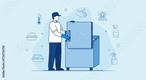 Professional Inspecting a Sanitary Refrigerator and Checking Food Safety Standards