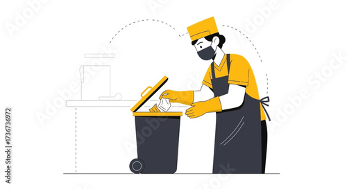 Professional Person Disposing Waste into Trash Can in Service Environment Illustration