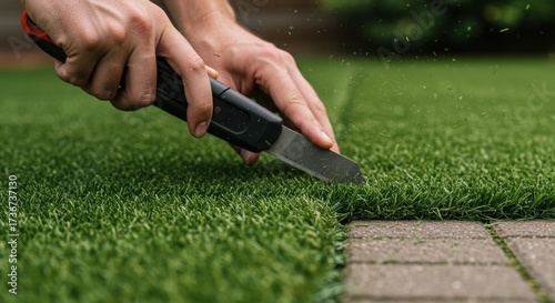 Hands cutting artificial grass for turf installation outdoors  