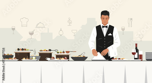 Professional Server Preparing for a Luxury Catering Event with Exquisite Cuisine and Drinks