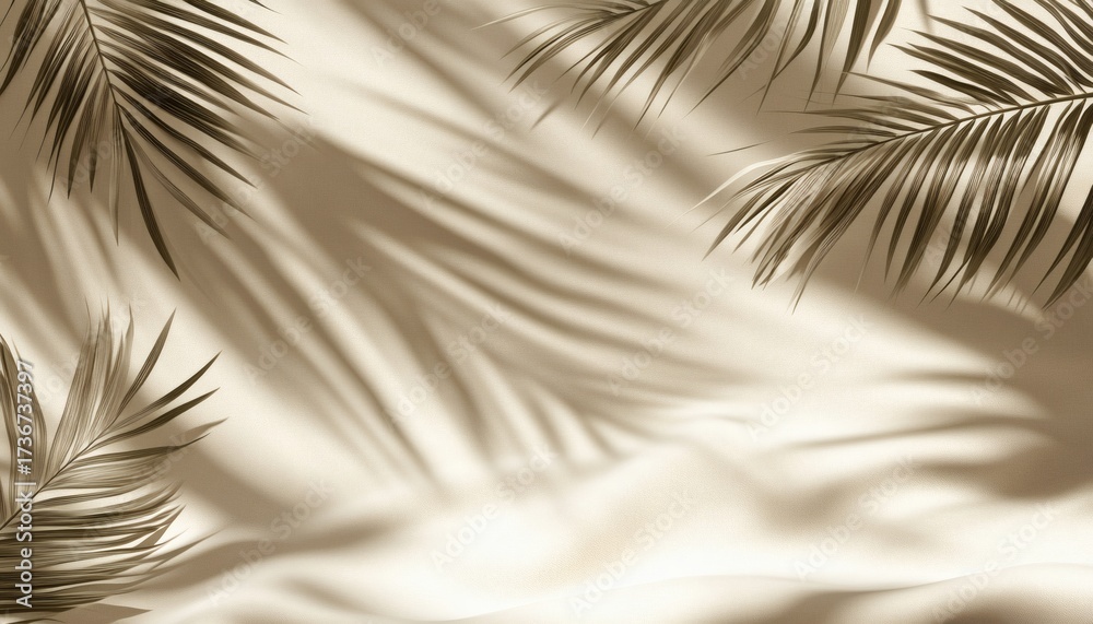 Fototapeta premium The illustration shows palm fronds casting shadows on a wavy, beige fabric surface, creating a textural effect.