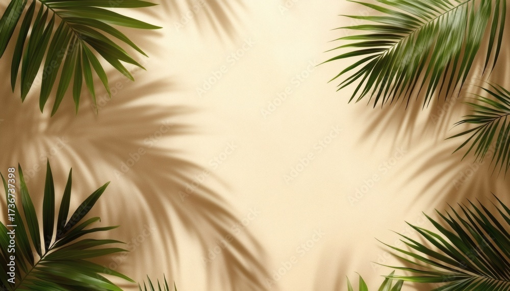 Obraz premium The image shows several palm fronds arranged on a beige surface, casting shadows that add depth and texture to the scene.