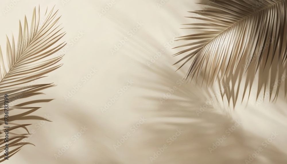 Fototapeta premium Two dried palm leaves are arranged on a light beige background, creating shadows that add depth and texture to the image.