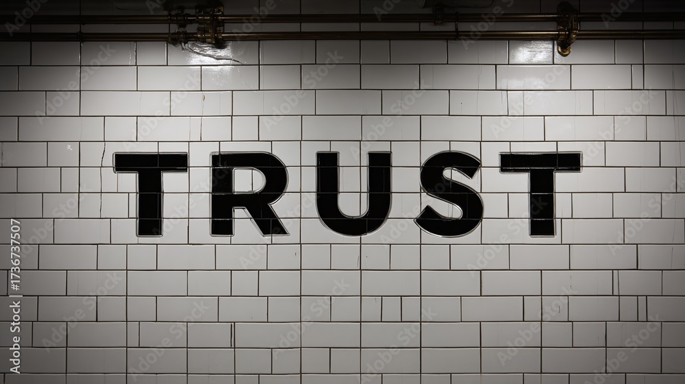 Obraz premium Inscription ?TRUST? in black on a wall of glossy rectangular white tiles, with exposed pipes above.