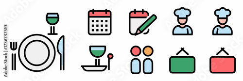 Vector icon sheet with fine dining setup, reservation icons, and serving staff