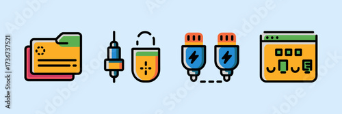 Vector icon sheet for electronics retail with warranty, cable types, charging, and chart icons
