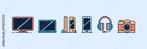 Flat vector icon sheet of electronics store with TV, laptop, smartphone, console, headphones, and camera