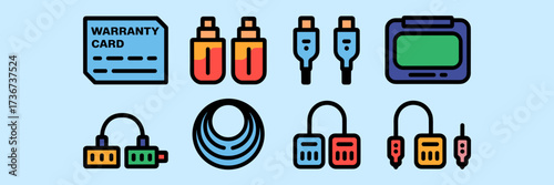 Minimalist vector icon sheet for electronics retail with warranty, cables, and charging icons