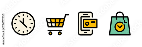 Vector icon sheet of convenience branding with 24-hour clock, cart, mobile phone pay, and shopping bag icons
