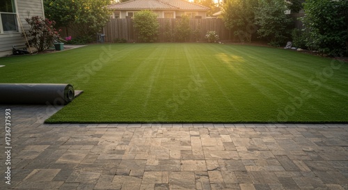 Turf installation in backyard with freshly rolled green grass  