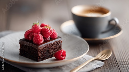 Chocolate cake with raspberries on plate, coffee cup in background, food photography