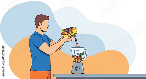 Man Blending Healthy Fruits For Smoothies In A Kitchen With Fresh Ingredients