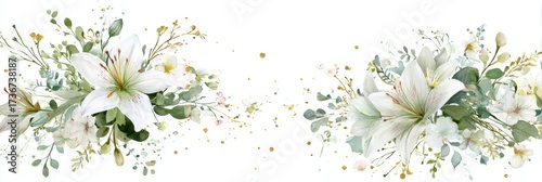 A beautiful collection of white lilies and delicate greenery creates an elegant display, evoking tranquility and freshness in a soft, pastel setting.