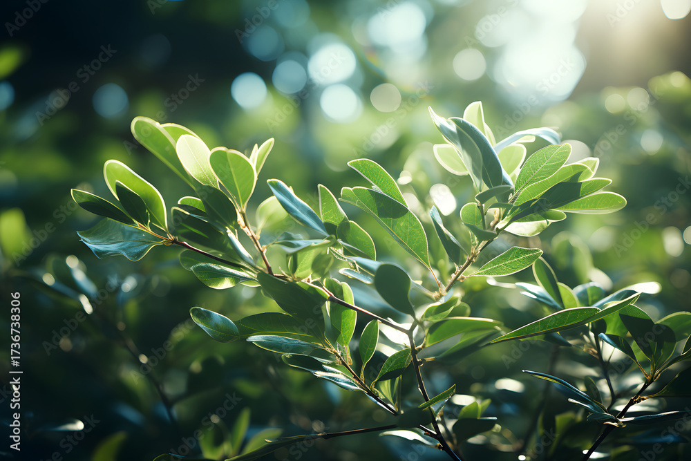 Obraz premium Nature inspired background with blurred green leaves and sunlight bokeh.