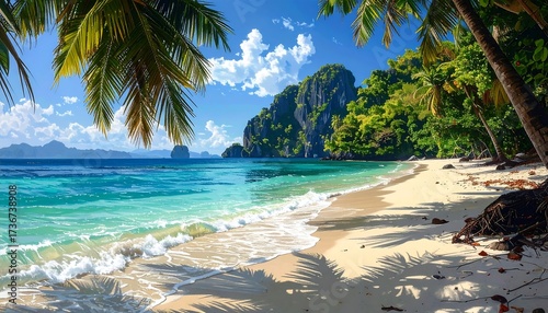 Fototapeta Naklejka Na Ścianę i Meble -  A picturesque tropical beach scene, showcasing vibrant turquoise waters, lush greenery, and towering palm trees casting shadows on the white sand.
