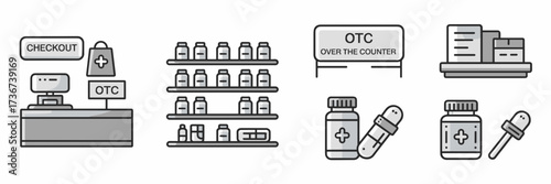 Vector icon sheet of pharmacy interior with checkout shelves OTC section