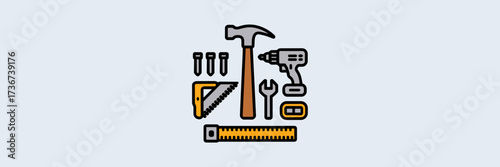Vector icon sheet of circular tool arrangement with hammer, drill, saw, and wrench