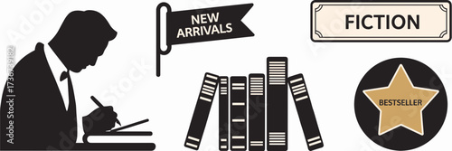 Vector icon sheet for bookstore branding with author, new arrivals, fiction, and bestseller