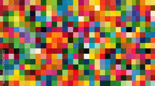 Vibrant mosaic of colorful square pixels for modern backgrounds and funky designs, perfect for tech, social media, and artsy projects, full frame