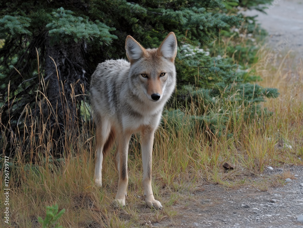 Fototapeta premium Wild coyote standing alert by a dirt road, looking directly into the camera