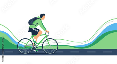 Man riding bicycle on a green road with graphic design outdoor concept