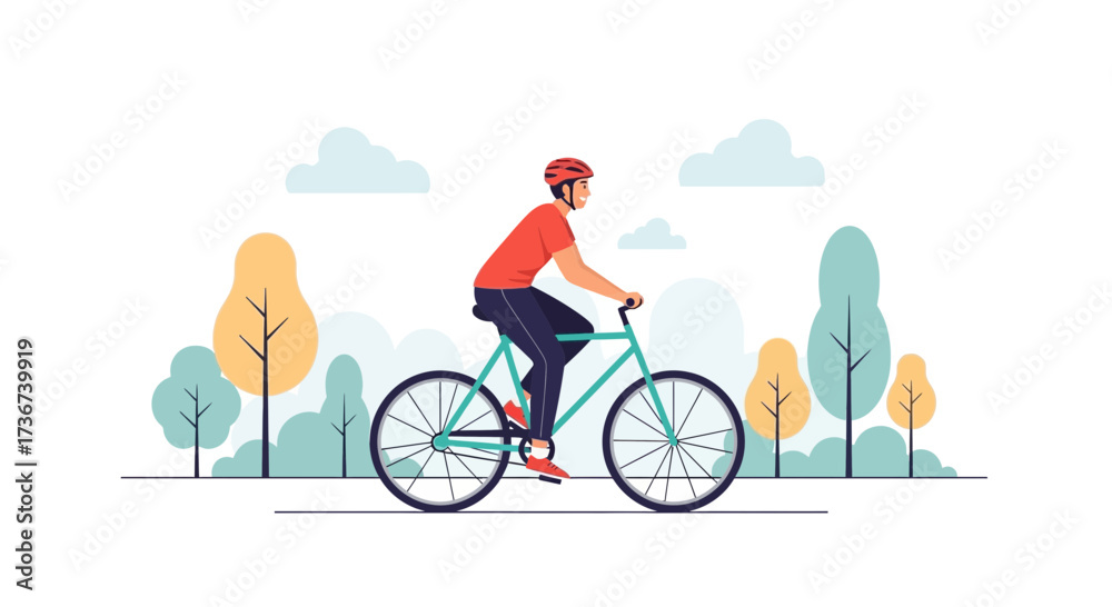 Naklejka premium Man Riding Bike in Park Illustration: A Healthy Lifestyle and Outdoor Activity