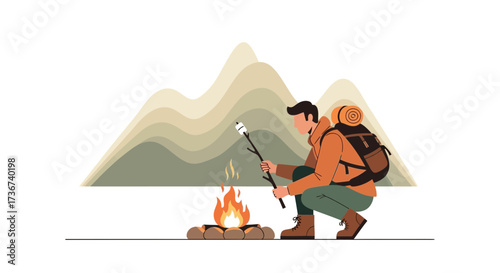 Man roasting a marshmallow over a campfire while camping in the mountains vector illustration