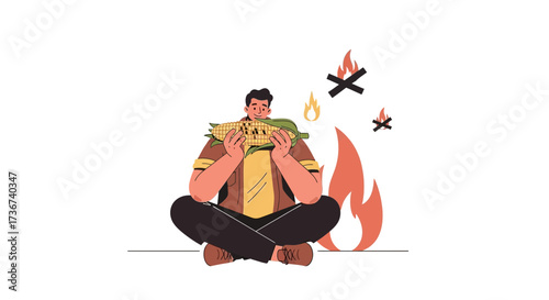 Man Roasting Corn by a Campfire and Enjoying an Evening Outdoor Activity