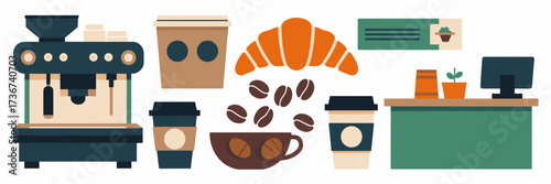 Vector icon sheet of coffee shop essentials with espresso machine cups beans croissant and cashier counter