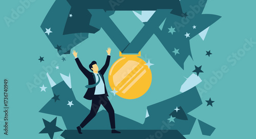 Man Celebrates Achievement With A Medal Amidst Starry Confetti in Vector Illustration