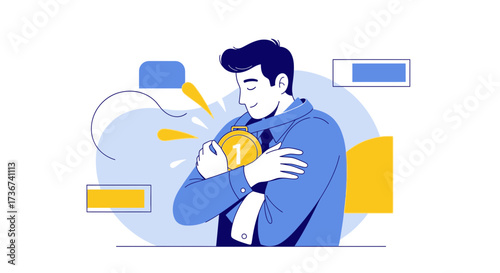 Man Celebrating Achievement With Medal, Success, Achievement, Winner Concept Illustration