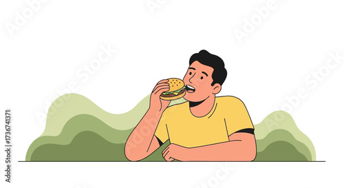 Man Savoring Delicious Burger, Enjoying Meal While Sitting Near Green Artistic Background