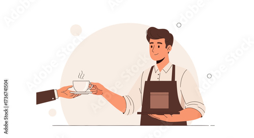 Smiling Barista Serving Coffee To A Customer In A Modern Cafe, Vector Illustration