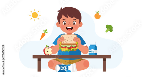 Smiling Boy Enjoying a Delicious Healthy Sandwich While Eating Lunch Outdoors