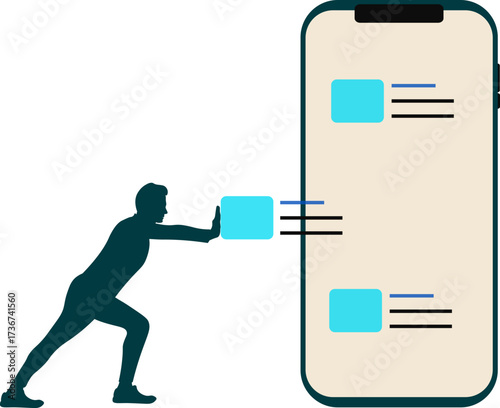 Hombre empujando contenido dentro de un teléfono móvil. Vector sin fondo, png. Man pushing content into smartphone illustration
