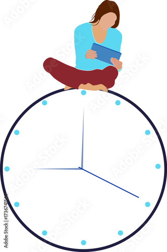 Mujer leyendo sobre un reloj, concepto de gestión del tiempo. Vector sin fondo, png. Woman reading on a clock, time management concept