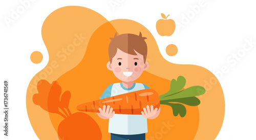 Smiling Boy Holding Carrot Depicting Childhood, Healthy Food, and Nutritional Choices