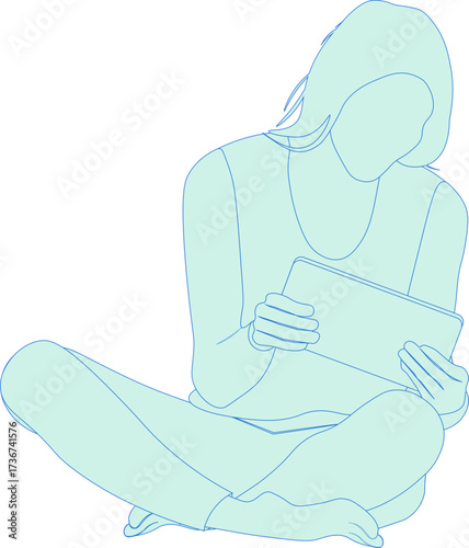 silueta de mujer sentada con una tablet en la mano. chateando, fondo transparente	
