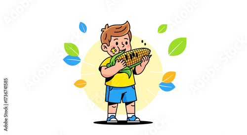 Smiling Boy Holding Fresh Corn Represents Summer Days With Botanical Decorations
