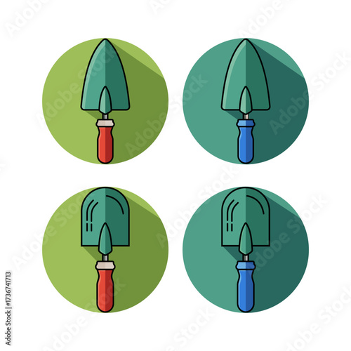 A vibrant set of flat design garden trowel icons featuring long shadows, ideal for illustrating gardening, landscaping, and outdoor hobby-related projects or digital interfaces
