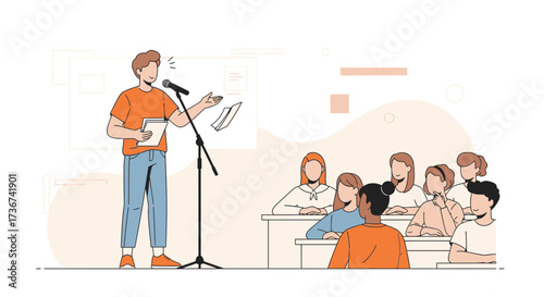 Public Speech Presentation in Classroom, Lecturer Giving Lecture with Microphone
